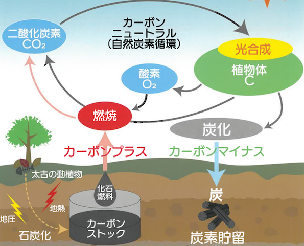 自然炭素循環の模式図とバイオ炭貯留の機能（出典：一般社団法人クルベジ協会）