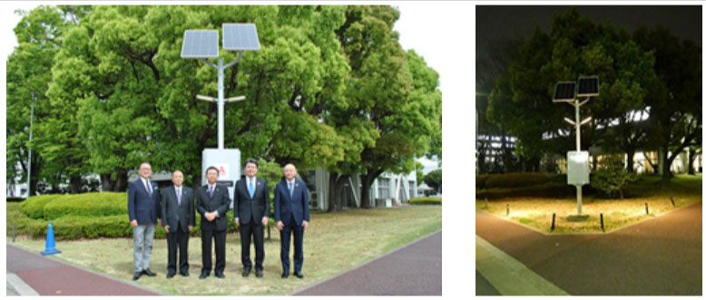 （左から）MIRAI-LABOの平塚社長、岡崎市の清水副市長、中根市長、三菱自動車執行役員の岩本氏、岡崎製作所長の今井氏、（右）点灯の様子（出所：三菱自動車工業）