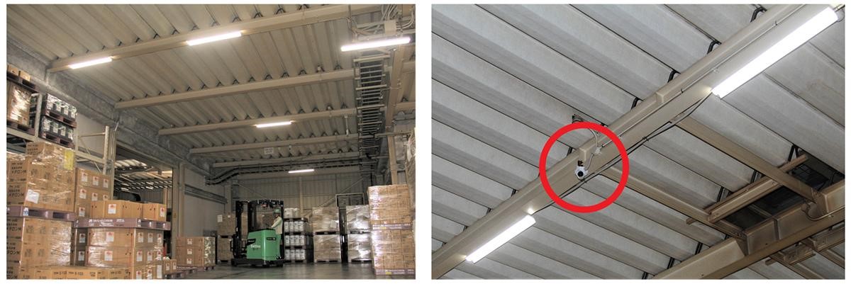 （左）LED照明システムを導入したセッツ本社事業場物流倉庫／（右）LED照明とネットワークカメラ（出所： シャープ）