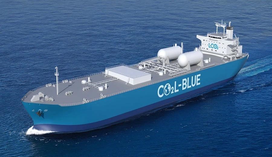 外航液化CO2輸送船（LCO2船）のイメージ図（出所：三菱造船）