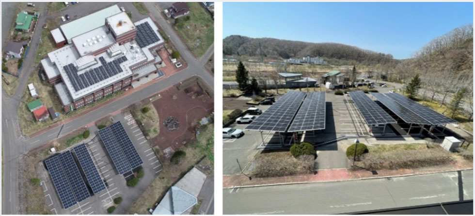 釧路町役場本庁舎屋上の太陽光パネルと駐車場のソーラーカーポート（出所：スマートソーラー）