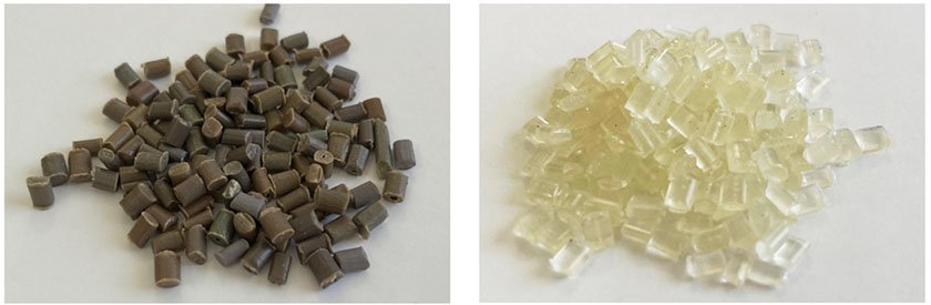 （左）従来のマテリアルリサイクルのプロセスで再生された暗色系のペレット、（右）脱インキ技術を用いて再生された着色可能なペレット（出所：DIC）