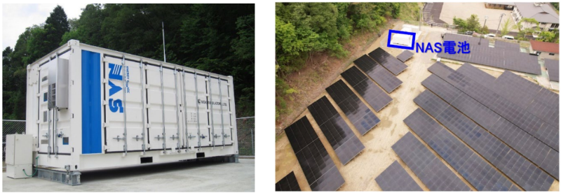 （右）恵那市内に設置された恵那電力のNAS電池、（左）恵那市内に設置されている太陽光発電設備の一つ（出所：日本ガイシ）