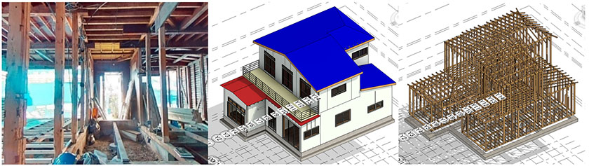 （画像左）再活用される構造躯体、（画像中央、右）調査対象住宅のBIM 3Dモデル（出所：住友不動産）