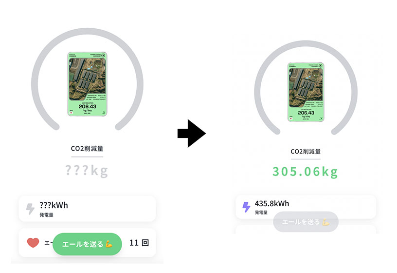 対象施設の画面で〈エール〉を送ると、日々のCO2削減データをリアルタイムで確認できる（出所：bajji）