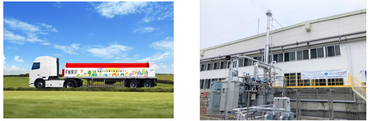 （右）福島水素エネルギー研究フィールド(FH2R)の水素トレーラー、（左）白河工場に設置している水素ボイラー（出所：住友ゴム工業）