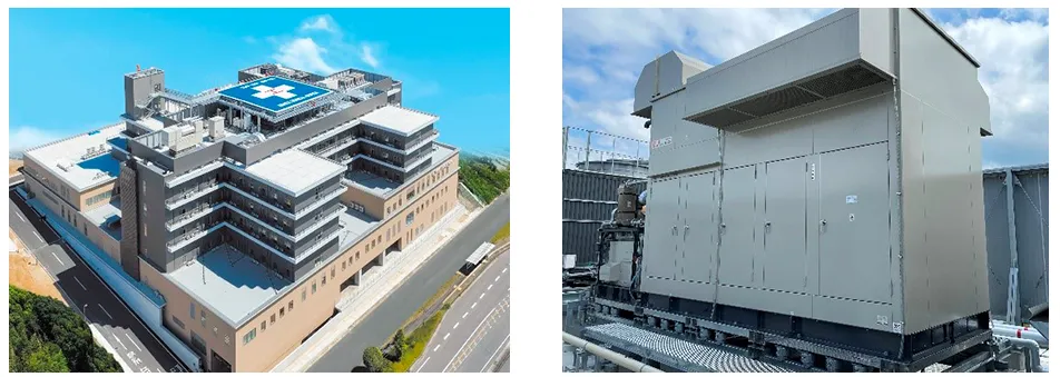 （左）市立有明医療センター外観、（右）CGS（400kW）（出所：東京ガスエンジニアリングソリューションズ）