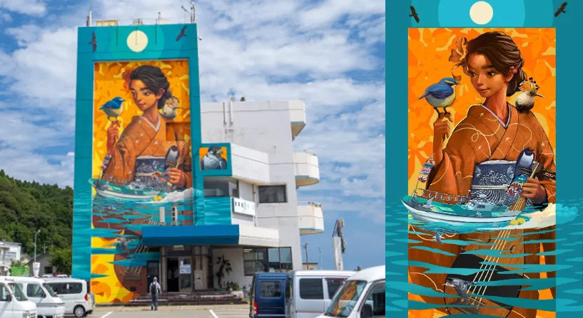 粟島の壁画（左）とデジタル住民票のNFTアート（右）（出所：粟島浦村）