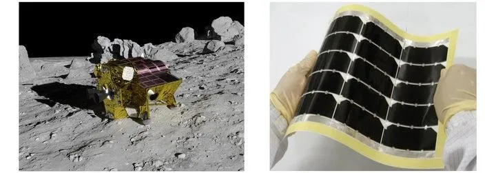 （左）小型月着陸実証機「SLIM」のイラスト（出所：JAXA） （右）「SLIM」に搭載した薄膜化合物太陽電池（出所：シャープ）