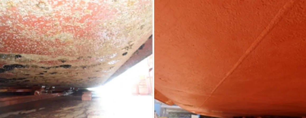 一般的な塗料で約30カ月航海した船底（左）と本塗料で約24カ月航海した船底（出所：丸紅）