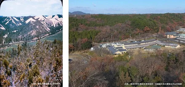 東京大学犬山研究林におけるはげ山からの再生の様子（左）1951年撮影／（右）2020年撮影／（画面中央）犬山市施設（出所：東京大学生態水文学研究所）