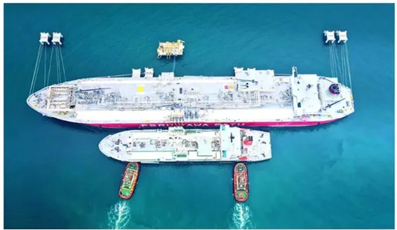 LNG船（下）とShip-to-Ship方式でLNG移送を行うFSRU「JAWA SATU」（上）（出所：商船三井）
