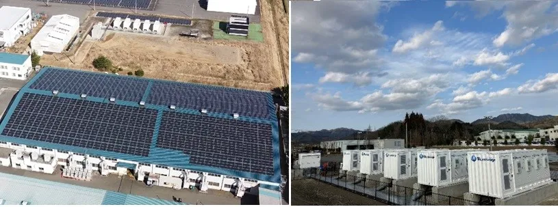 同事業の太陽光発電設備(左)と蓄電所(右)(出所:カネカ)