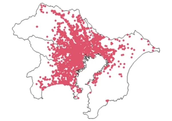 3社による首都圏の植栽分布図(出所:旭化成ホームズ・積水ハウス・大和ハウス工業)