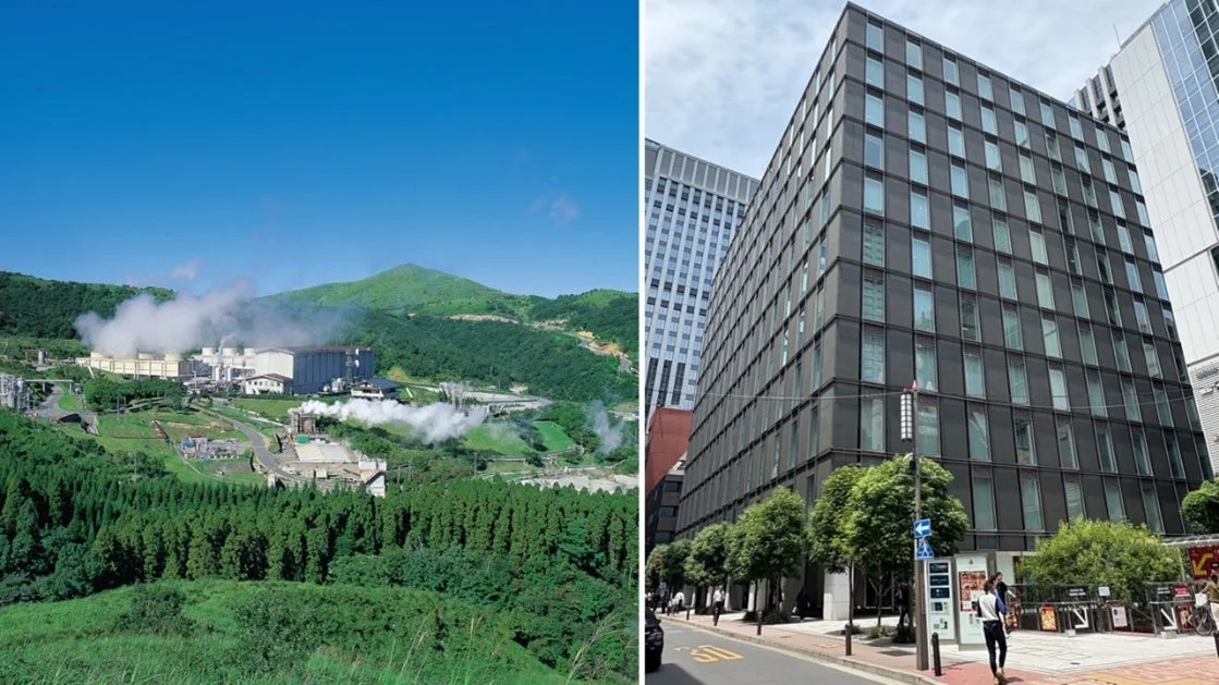 (左)地熱発電所「九電みらいエナジー八丁原発電所」/(右)供給先の「東京建物八重洲ビル」(出所:日鉄エンジニアリング)