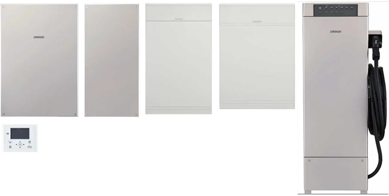 左から、トリプル蓄電パワーコンディショナ、蓄電池用コンバータ、蓄電池ユニット、V2Hスタンド(出所:オムロン ソーシアルソリューションズ)