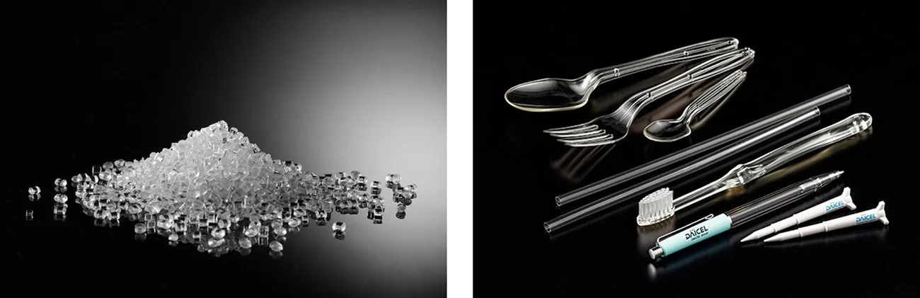 海洋生分解性バイオマスプラスチック「CAFBLO」と同素材を使用したアイテムの一例（出所：ダイセル）